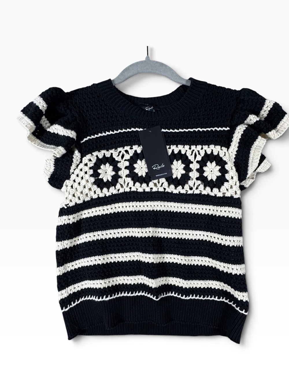 Rails Black & Cream Crocheted “Penelope” Stripe Flutter Sleeve Sweater Top